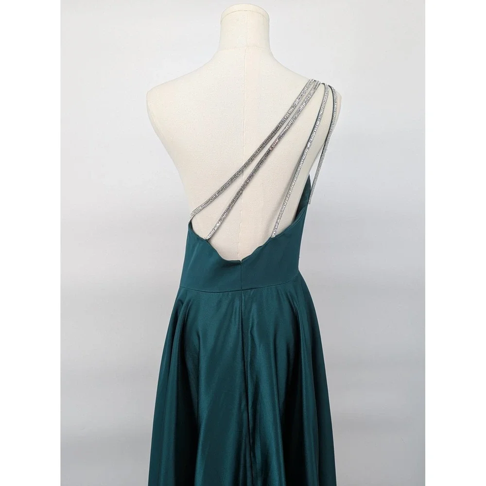 Jules & Cleo Dress Women 20 Emerald Green One Shoulder Rhinestone Satin Gown - Picture 16 of 16